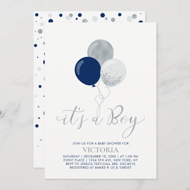 Navy & Silver Balloons | It's a Boy Baby Shower Invitation (Front/Back)
