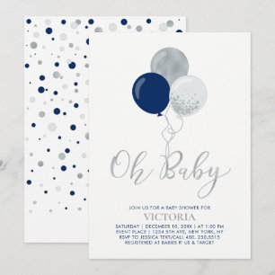 Navy & Silver Balloons   Oh Baby Boy Baby Shower Invitation