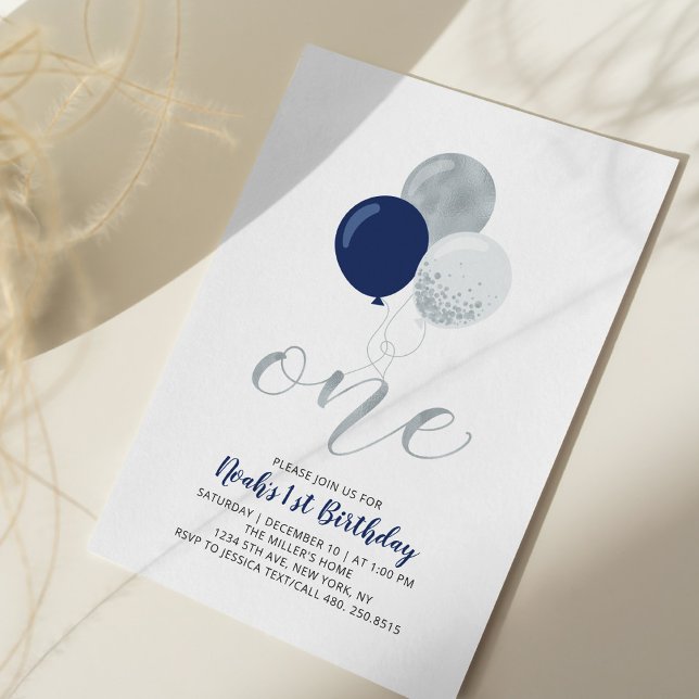 Navy & Silver Balloons One 1st Boy Birthday Party Invitation (Creator Uploaded)