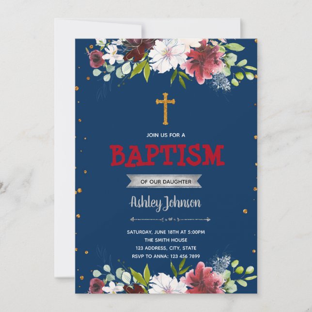 Navy silver baptism party invitation (Front)