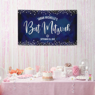 Navy Silver Bat Mitzvah Modern Foil Glitter Script Banner