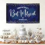Navy Silver Bat Mitzvah Modern Foil Glitter Script Banner<br><div class="desc">Be proud, rejoice and showcase this milestone of your favourite Bat Mitzvah! Hang up this stunning, modern, stylish, personalised banner to add to her special day. Sparkly, faux silver foil calligraphy script and confetti glitter dots overlay a sophisticated, dramatic navy blue watercolor background. Personalise the custom text with your Bat...</div>