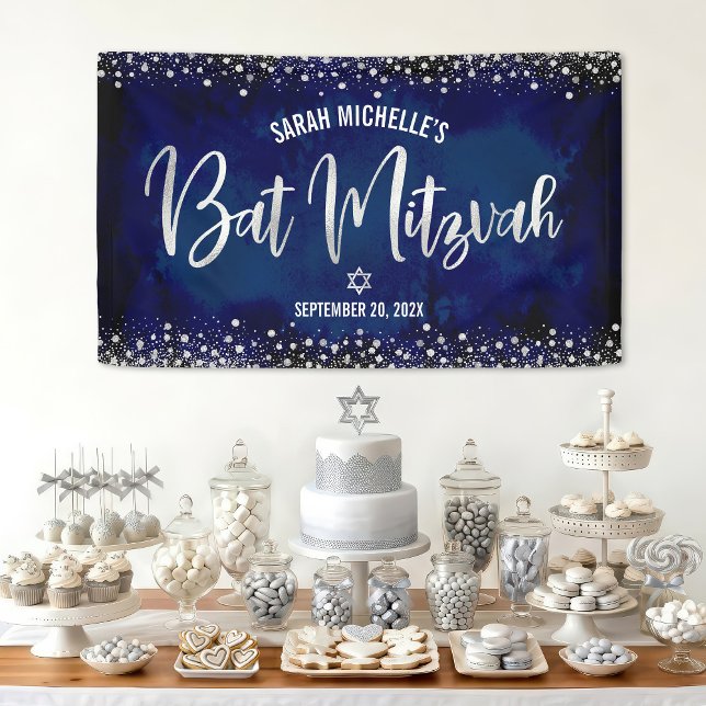Navy Silver Bat Mitzvah Modern Foil Glitter Script Banner (Creator Uploaded)