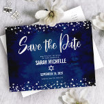 Navy Silver Bat Mitzvah Save Date Modern Script Invitation Postcard<br><div class="desc">Make sure all your friends and relatives will be able to celebrate your daughter’s milestone Bat Mitzvah! Send out this stunning, modern, “Save the Date” announcement postcard. Graphic faux silver foil calligraphy script, Star of David, and confetti, overlay a rich, dramatic, navy blue watercolor background. Personalise the custom text with...</div>