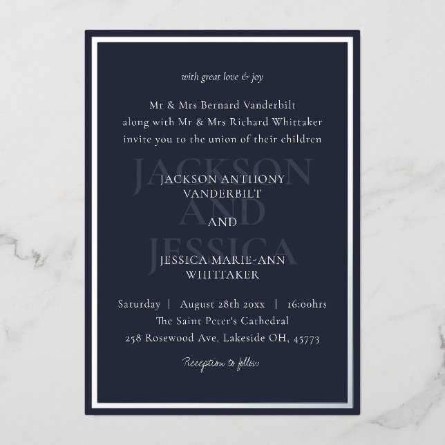 Navy & Silver Bold Elegant Minimalist Wedding (Front)