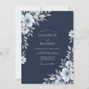 Navy Silver Botanical Watercolor Wedding Invitation