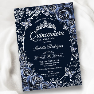Navy Silver Butterflies Roses Quinceanera