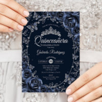Navy Silver Butterflies Roses Quinceanera
