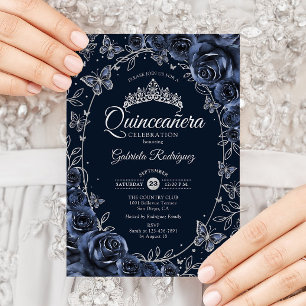 Navy Silver Butterflies Roses Quinceanera Invitation
