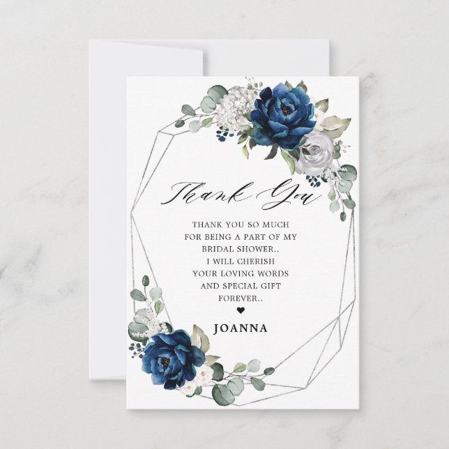 Navy Silver Champagne Geometric Bridal Shower Thank You Card (Front)