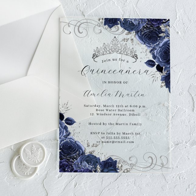 Navy Silver Clear Acrylic Floral Quinceanera  Invitations (Creator Uploaded)