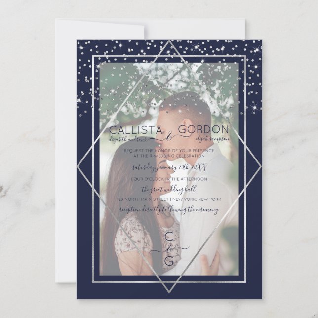 Navy Silver Confetti Geo Border Photo Wedding Invitation (Front)