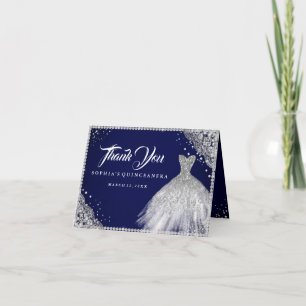 Navy Silver Diamond Sparkle Gown Quinceanera Thank You Card