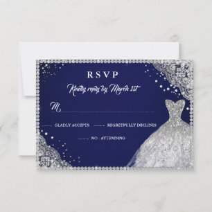 Navy Silver Diamond Sparkle Gown RSVP Card