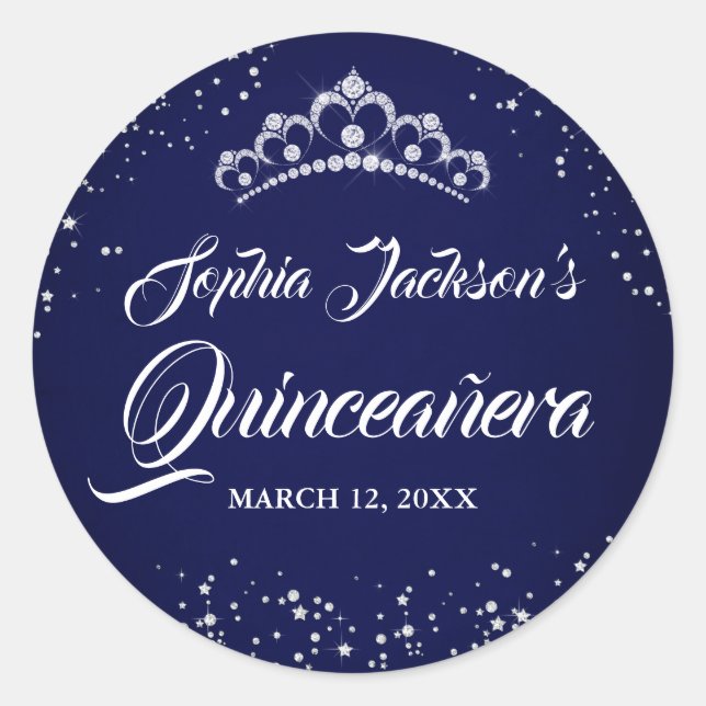 Navy Silver Diamond Sparkle Tiara Quinceanera Classic Round Sticker (Front)