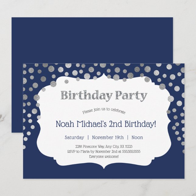 Navy silver Dot birthday party Invitation (Front/Back)