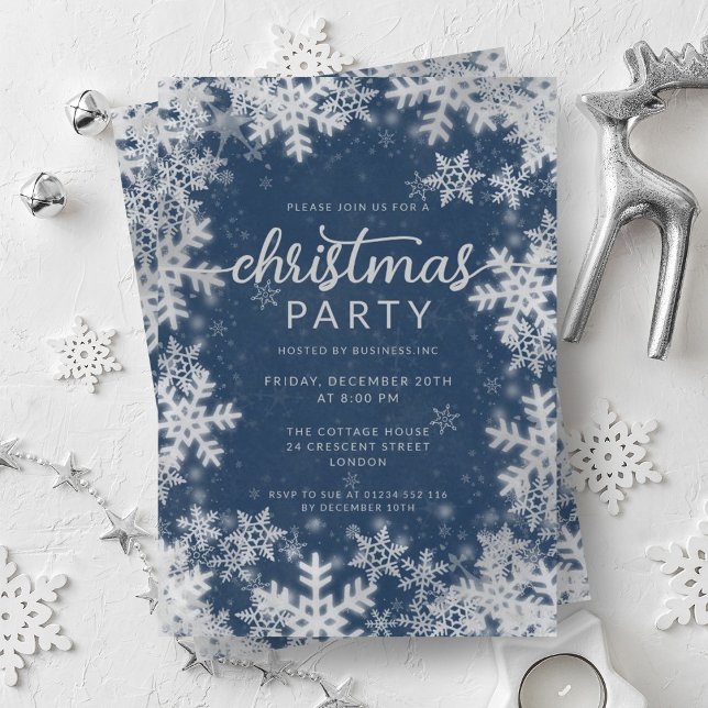 Navy Silver Faux Foil Snowflakes Christmas Party Invitation (Navy Silver Faux Foil Snowflakes Christmas Party Invitation)