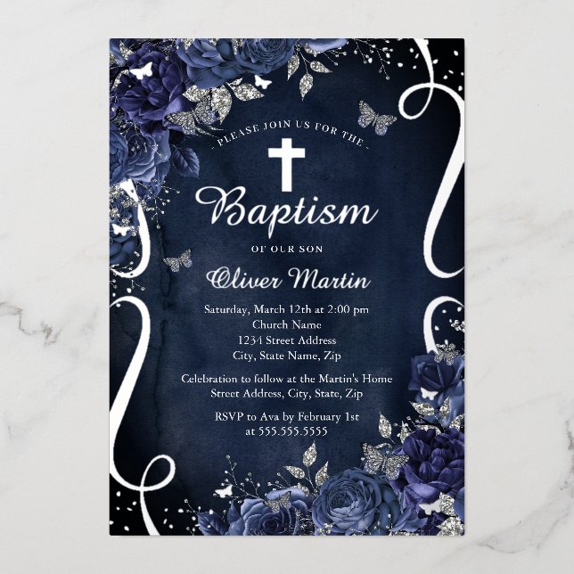 Navy Silver Floral Butterfly Boy Baptism  (Front)