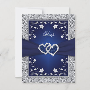 Navy Silver Floral Hearts FAUX Foil Wedding RSVP