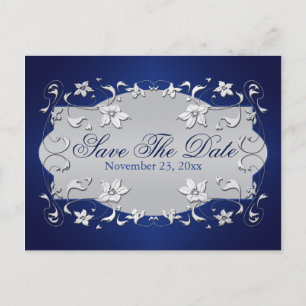 Navy, Silver Floral, Hearts Save The Date Postcard