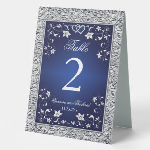 Navy, Silver Floral, Hearts Table Number Sign