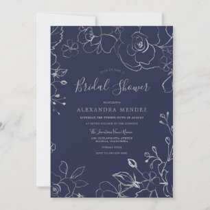 Navy & Silver Floral Modern Bridal Shower Invitation