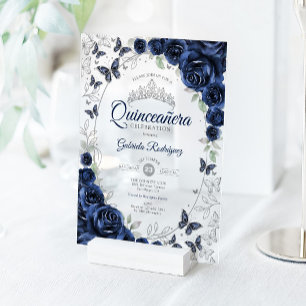 Navy Silver Floral Quinceanera Acrylic Invitations