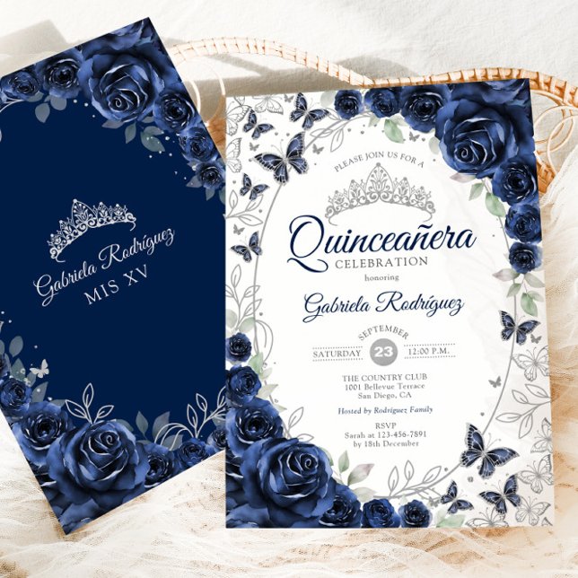 Navy Silver Floral Quinceanera Invitation (Creator Uploaded)