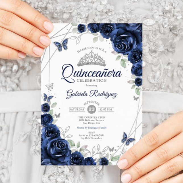 Navy Silver Floral Quinceanera Invitation (Creator Uploaded)