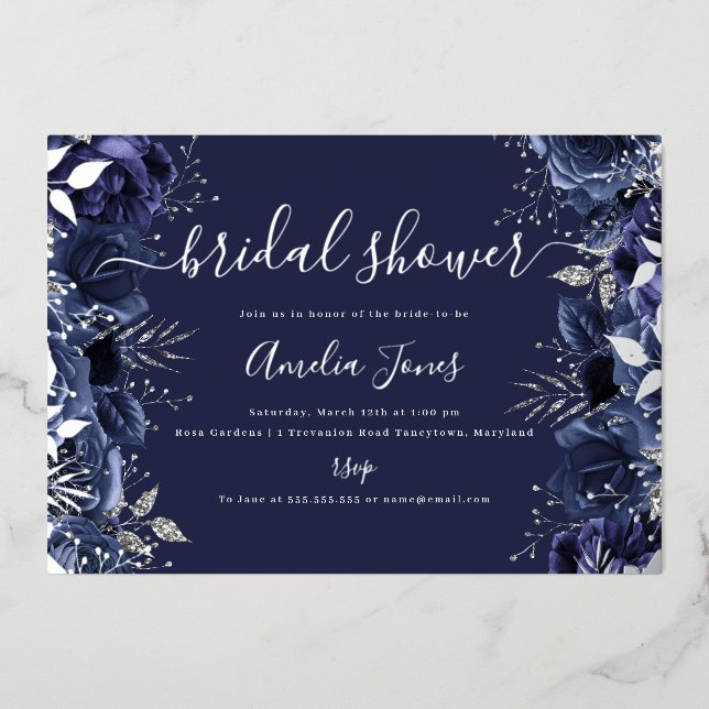 Navy Silver Floral Rose Bridal Shower (Front)