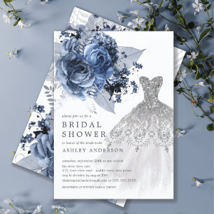 Navy & Silver Floral Wedding Dress Bridal Shower Invitation