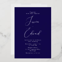 Navy & Silver Foil Elegant Script Wedding