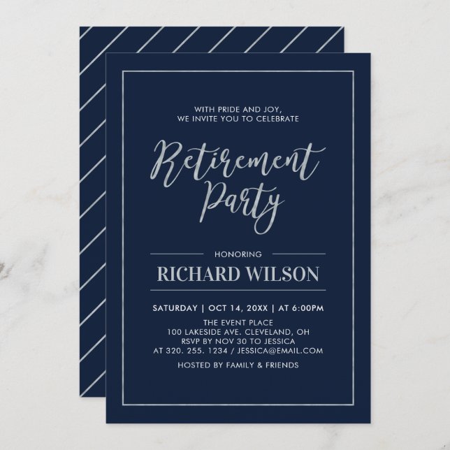 Navy & Silver Frame | Modern Retirement Party Invitation (Front/Back)