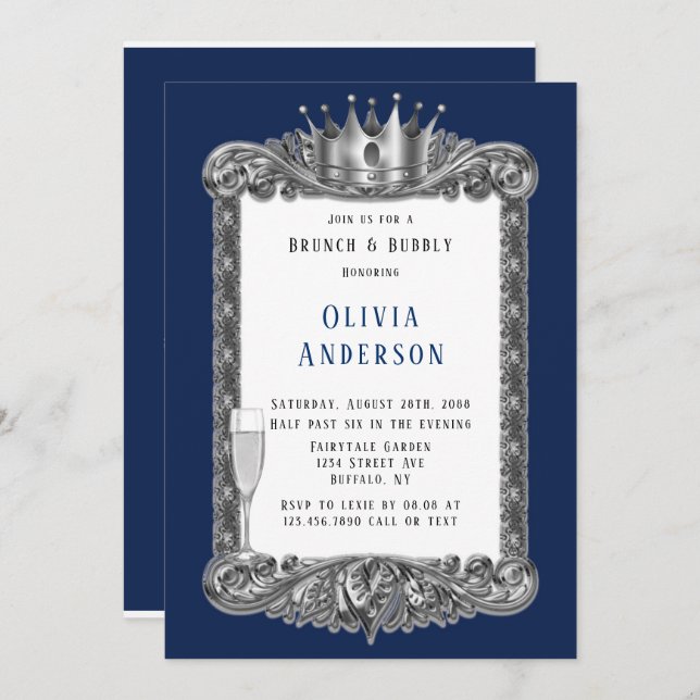Navy Silver Frame Royal Crown Brunch and Bubbly Invitation (Front/Back)