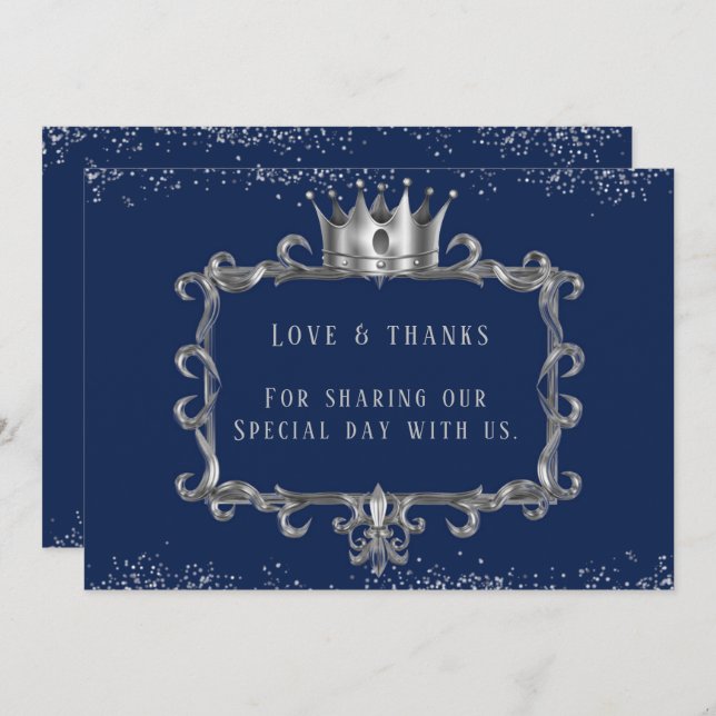 Navy Silver Frame Royal Crown Love & Thanks Invitation (Front/Back)