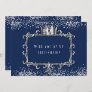 Navy Silver Frame Royal Will You Be My Bridesmaid Invitation