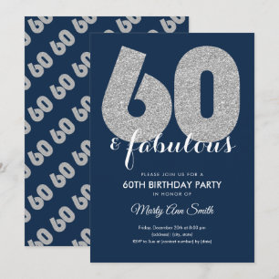 Navy Silver Glitter 60 & Fabulous Birthday Party Invitation