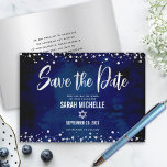 Navy Silver Glitter Bat Mitzvah Script Modern Bold Save The Date<br><div class="desc">Make sure all your friends and relatives will be able to celebrate your daughter’s milestone Bat Mitzvah! Send out this stunning, modern, “Save the Date” announcement card. Graphic faux silver foil calligraphy script, Star of David, and glitter confetti, overlay a rich, dramatic, navy blue watercolor background. Your custom message overlays...</div>