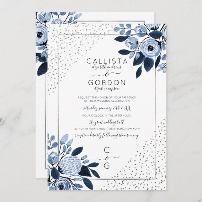 Navy Silver Glitter Confetti Floral Border Wedding Invitation (Front/Back)