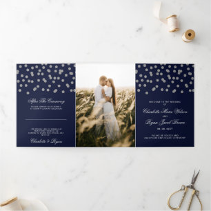 Navy Silver Glitter Confetti Photo Wedding Tri-Fold Programme