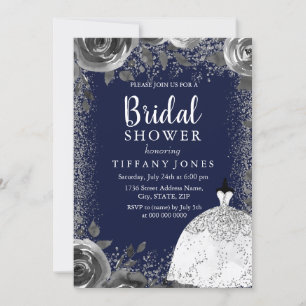 Navy & Silver Glitter Floral Bridal Shower Invite