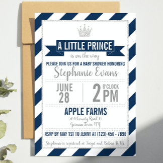 Navy Silver Glitter Prince Baby Shower Invite