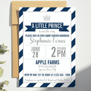 Navy Silver Glitter Prince Baby Shower Invite