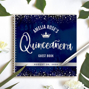 Navy Silver Glitter Tiara Quinceañera Guest Book