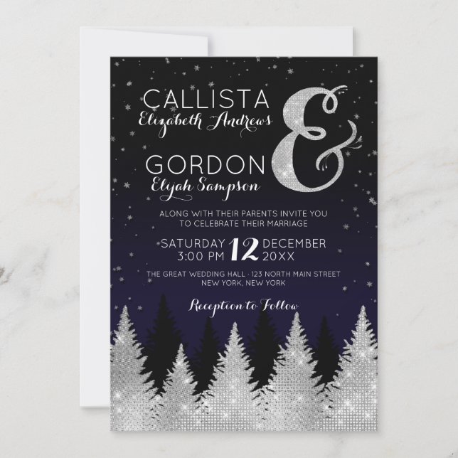 Navy Silver Glitter Tree Winter Wonderland Wedding Invitation (Front)