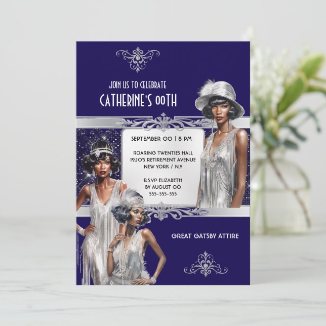 Navy silver Great Gatsby Flapper girls birthday Invitation (Standing Front)