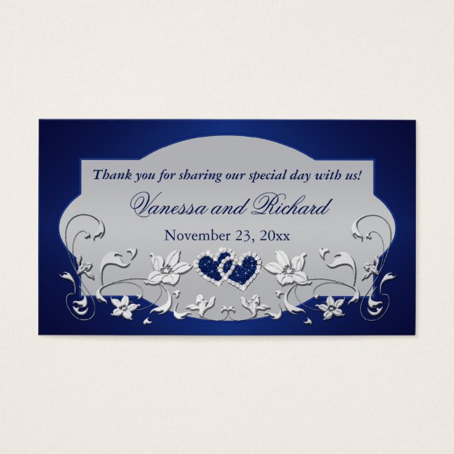 Navy, Silver Grey Floral, Hearts Wedding Favour Ta (Front)