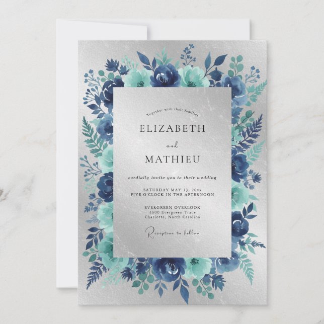 Navy Silver Icy Winter Wedding Invitation (Front)