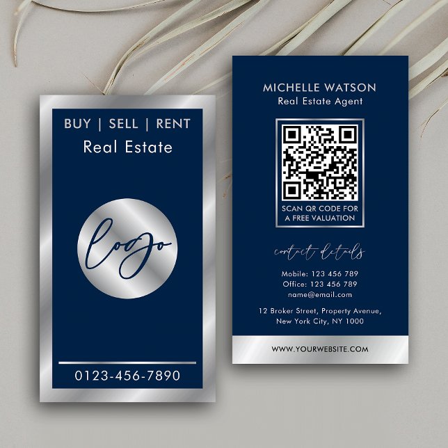 Navy & Silver Logo Elegant Real Estate QR Code Business Card (Elegant navy blue and silver effect QR code vertical business cards for property sales agents)
