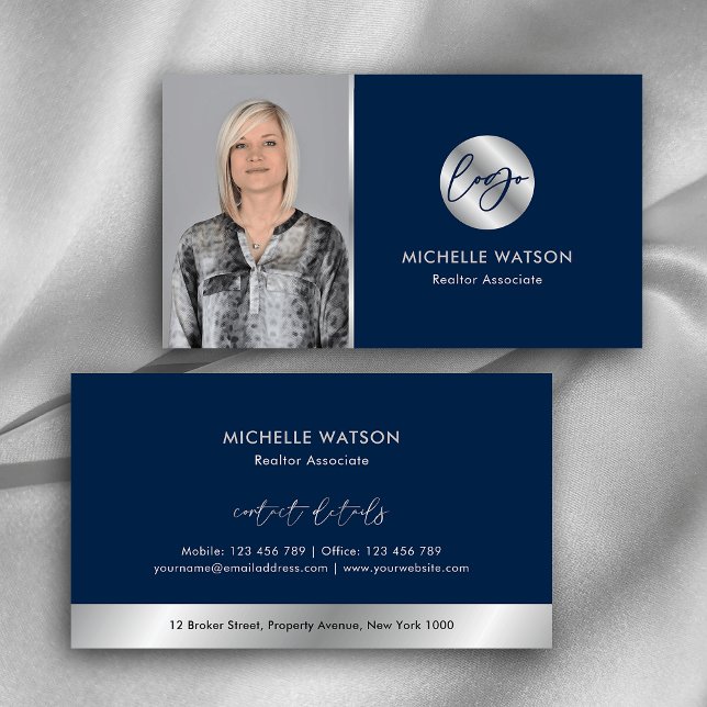 Navy & Silver Logo Modern Real Estate Notary Photo Business Card (Modern navy and silver photo business cards with metallic chrome effects and dark blue background)